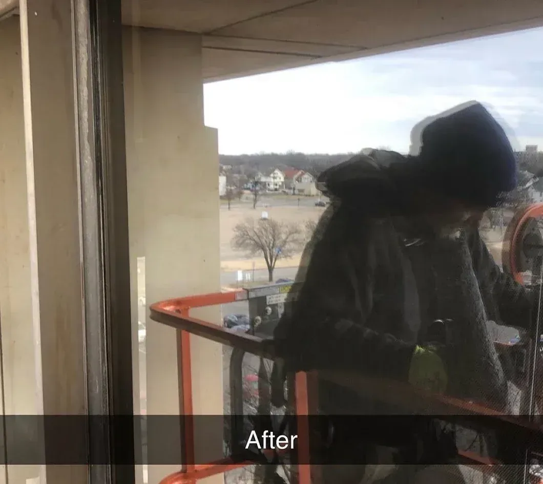 After commercial restorative window cleaning showing restored glass