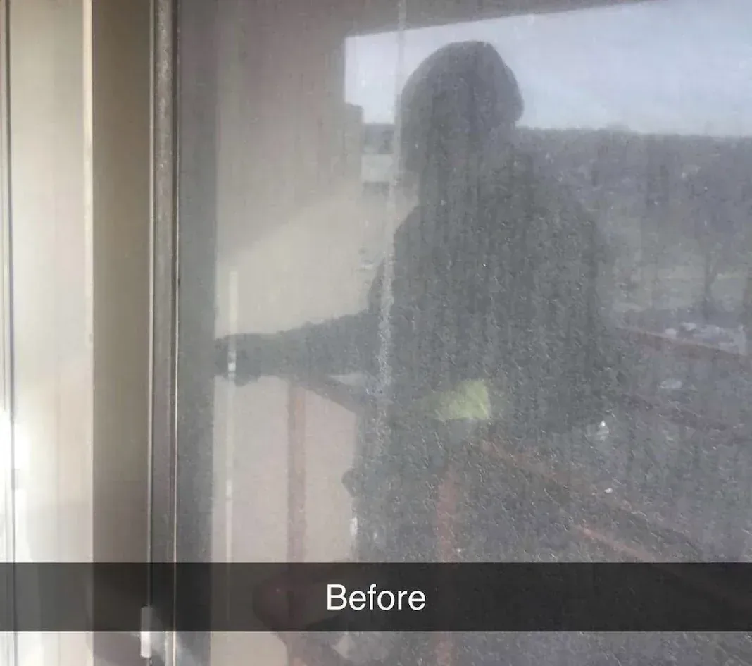Before commercial restorative window cleaning on a Southeast Wisconsin building