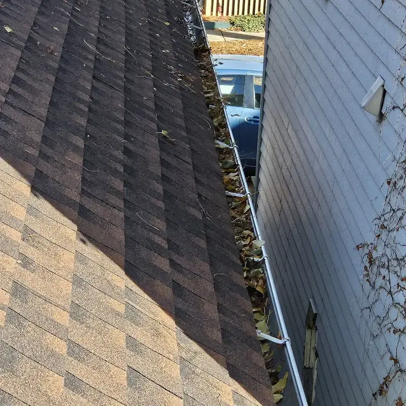 Before gutter cleaning showing debris-filled gutters
